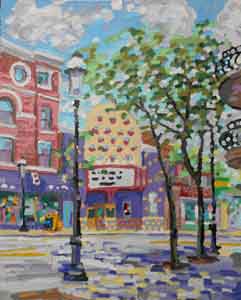 Clifton Gaslight Cincinnati Ohio impressionist painting  using a pancake  griddle by Tom Lohre.