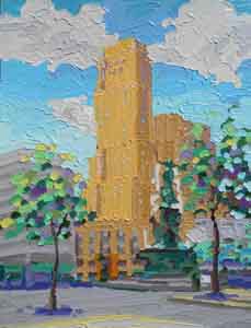 The Crew Tower, Cincinnati, Ohio, impressionist oil painting by Tom Lohre.