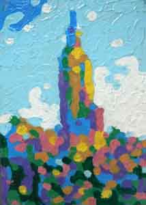 Empire State Building II Small Impressionism Oil Painting in Faux Gold Frame by Tom Lohre
