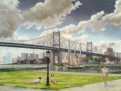 Oil painting of the Queensboro Bridge and the South Street Seaport sailboat excusion boat "Pioneer"  by Tom Lohre.