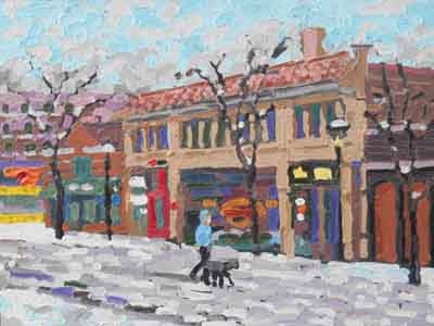 Impressionist painting of the famous Ludlow Garage in Cilfton, Cincinnati, Ohio by Tom Lohre.