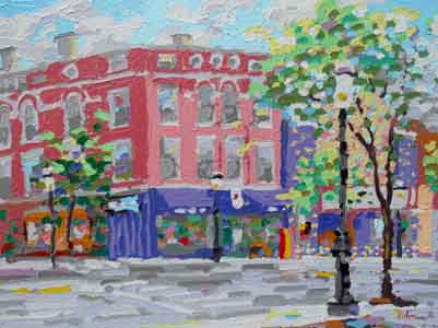 Ludlow and Telford Avenues, Clifton, Cincinnnati; 16" x 12", Oil on aluminum, painting by Tom Lohre.
