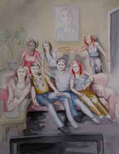 Watercolor of seven students watching President Obama's Inauguration. by Tom Lohre