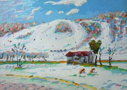 Impressionist oil painting of Perfect North Ski Slopes, Lawrenceburg, IN by Tom Lohre.