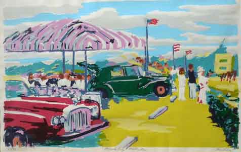 Silkscreen print of a Palm Beach polo grounds tailgate party by Tom Lohre.
