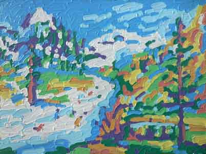 Squaw Valley impressionist painting showing the  mountian  from the resort by Tom Lohre.