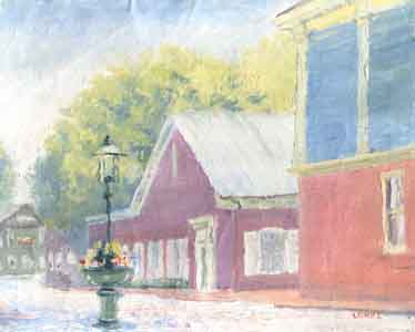 Union Street, Nantucket, oil on t-shirt material by Tom Lohre.