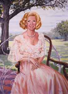 Portrait of a Lady by Tom Lohre in pinks and impressionistic  background.
