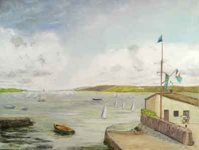Painting of Baltimore Bay  with light green and yellow colors with gray sky.