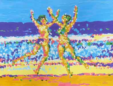 Beach dancers painting oil on board by Tom Lohre