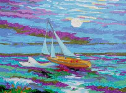 42' Westsail Fiona  crossing the Bay of Biscay , oil pastel on board by Tom Lohre.