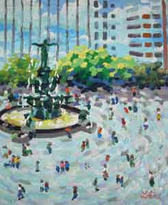 Impressionist oil painting of fountain square cincinnati ohio by Tom Lohre