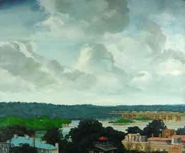 Oil painting of Harrisburg, Pennsyvania showing old roof tops , City Island and the river bridges by Tom Lohre.