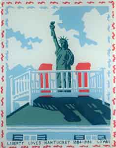 Four color reverse silkscreen print on glass of Nantucket cupola with the Statue of Liberty  celebrating the anniversary of the statue in 1986 by Tom Lohre.