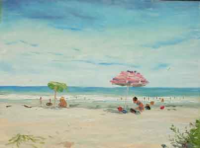 Oil painting of beach goers by Tom Lohre