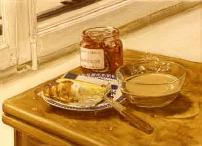 Oil painting stillife by Tom Lohre painted in  Eurpoe  with bowl of coffee, butter, knife,  croissant and conserves de France.