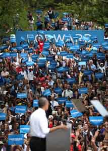 Color image of Irene Moore, Tom and Helen Lohre at the Obama rally September 17, 2012.