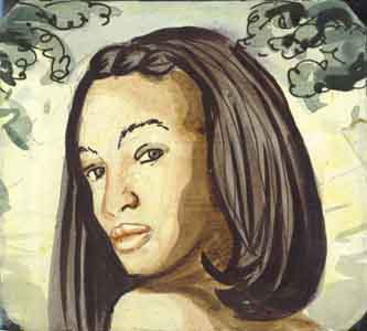 African American TV entertainer watercolor on bottle label by Tom Lohre.