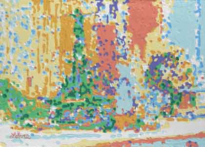 Fountain Square, Cincinnati Ohio by Tom Lohre; Painting of adaptation of the best of the old fountain series done on the square in 2006 and used the new pixelated manner with the new colors and structure.