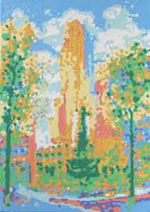 Painting of Fountain Square, Cincinnati, Ohio by Tom Lohre.  Adaption of the latest fountain painting done on the square in the spring of 2010 using the pixelated manner and painted with the latest nine colors.