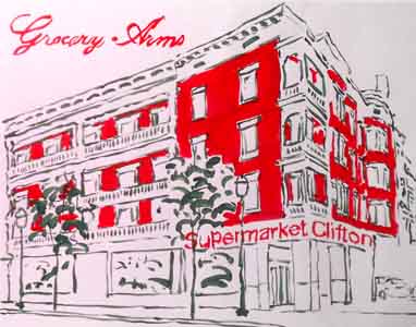 Illustration of a grocery store  with  several floors of apartments above it.